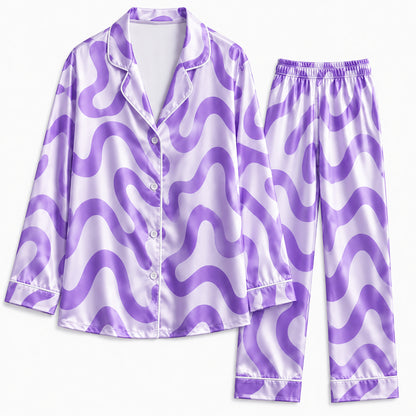 PJ-238-Groovy Wavy Line Print Satin Pajama Lounge Set FREE SHIPING