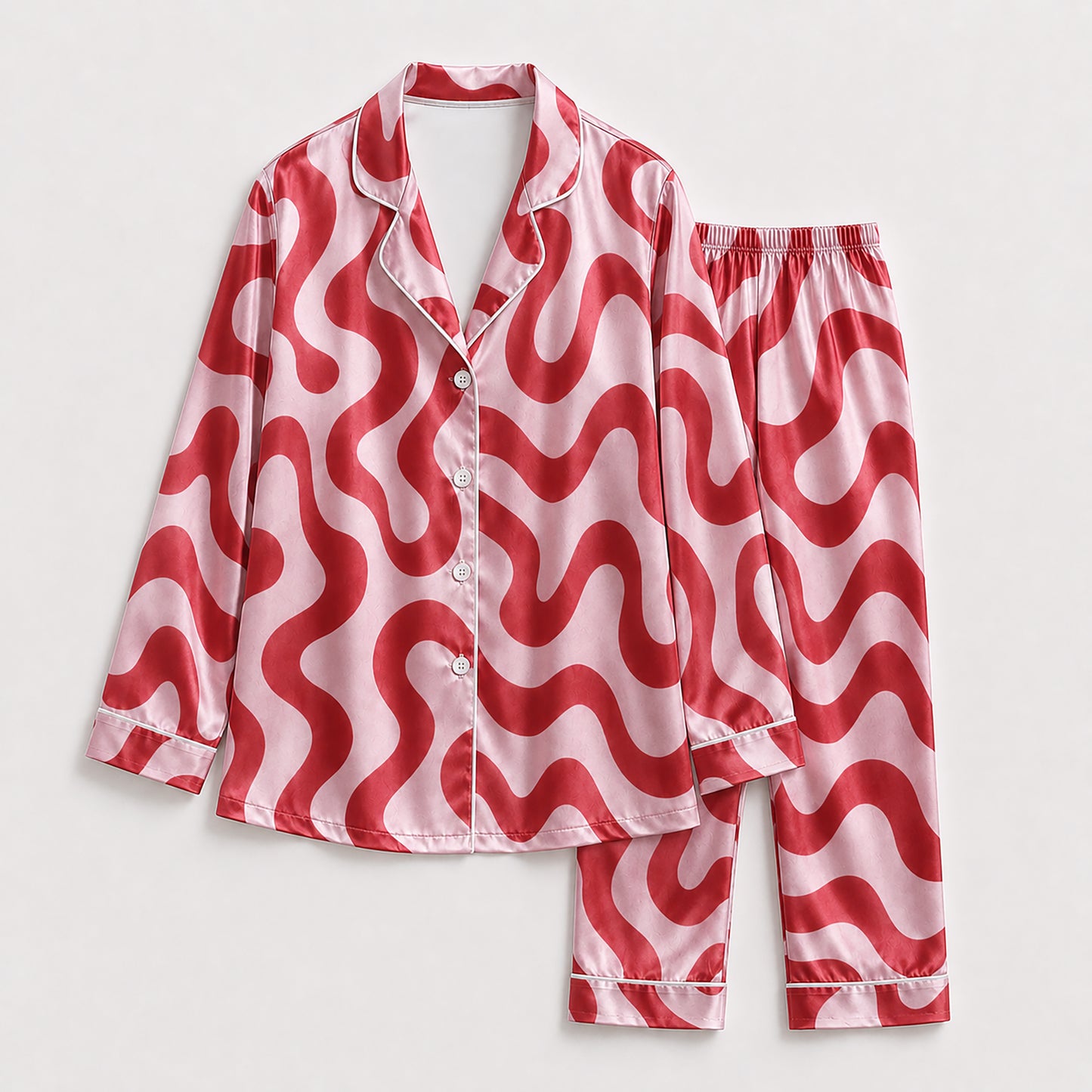 PJ-238-Groovy Wavy Line Print Satin Pajama Lounge Set FREE SHIPING