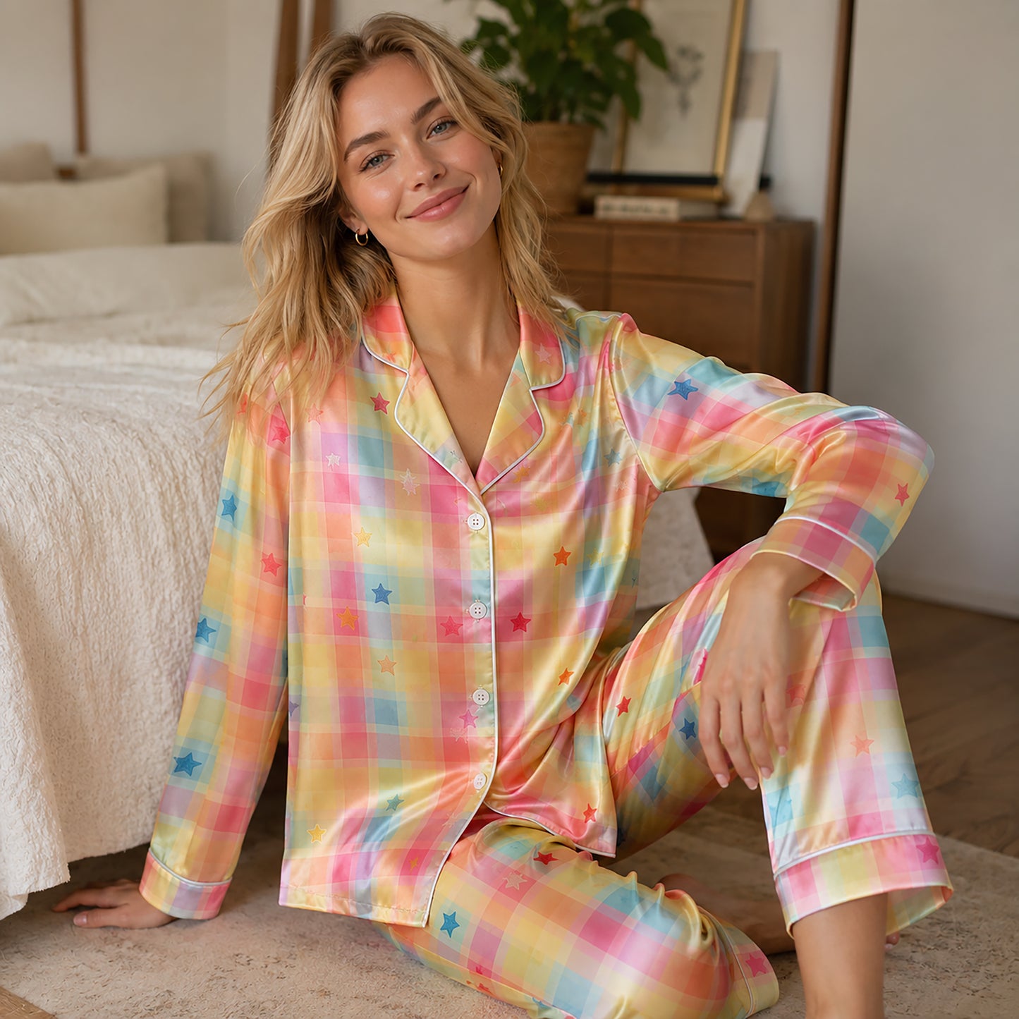 PJ-239-Rainbow Checkered Satin Sleepwear Star Pattern with Piping Details FREE SHIPING