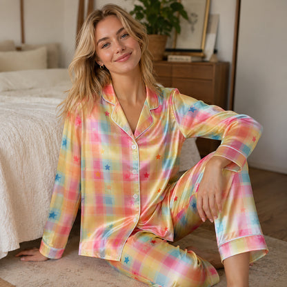 PJ-239-Rainbow Checkered Satin Sleepwear Star Pattern with Piping Details FREE SHIPING