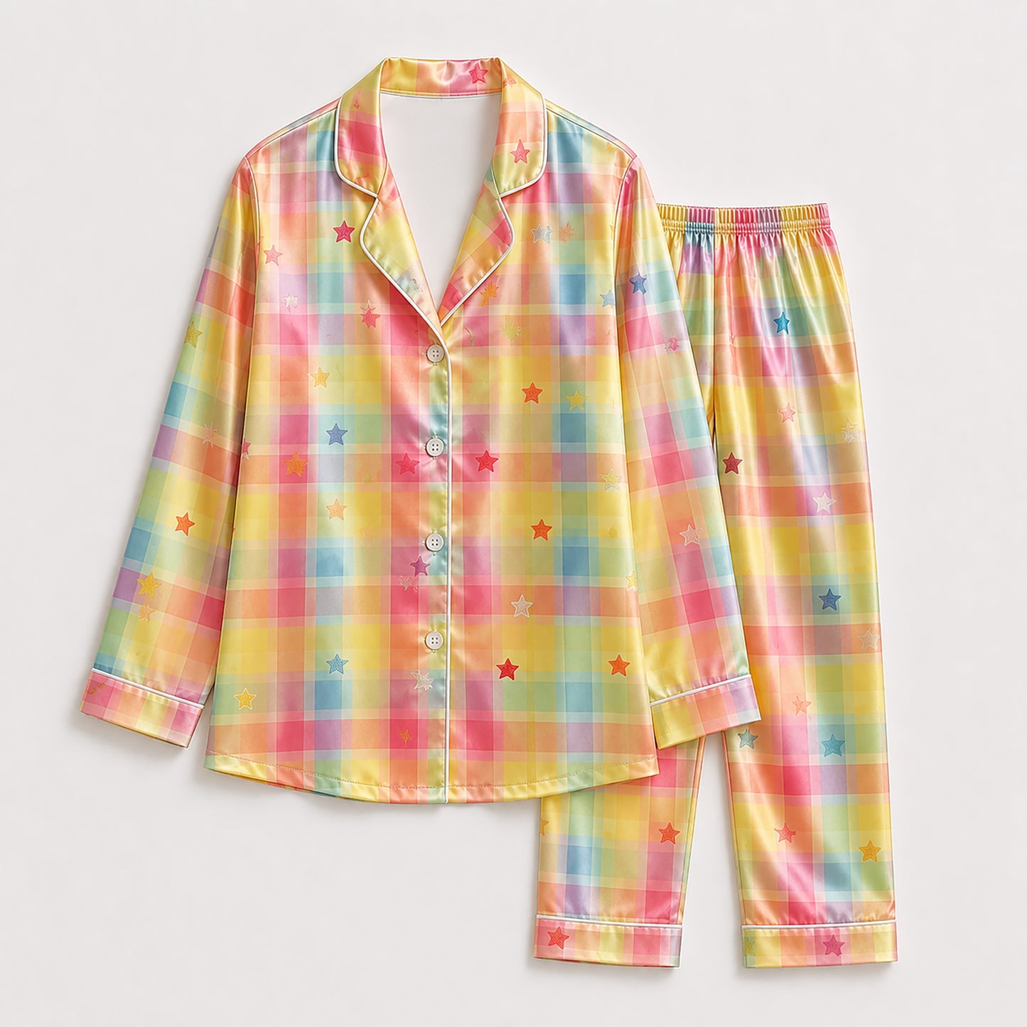 PJ-239-Rainbow Checkered Satin Sleepwear Star Pattern with Piping Details FREE SHIPING