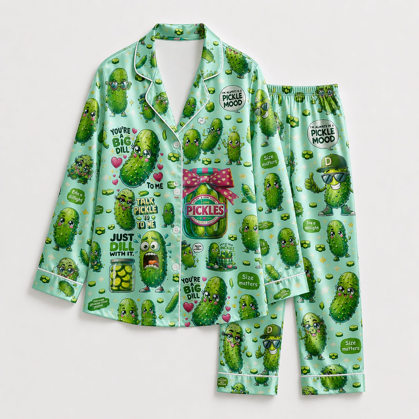 PJ-243-Funny Pickle Satin Pajama Set With Button Up Shirt And Elastic Waist Matching Bottoms FREE SHIPPING