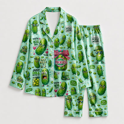 PJ-243-Funny Pickle Satin Pajama Set With Button Up Shirt And Elastic Waist Matching Bottoms FREE SHIPPING