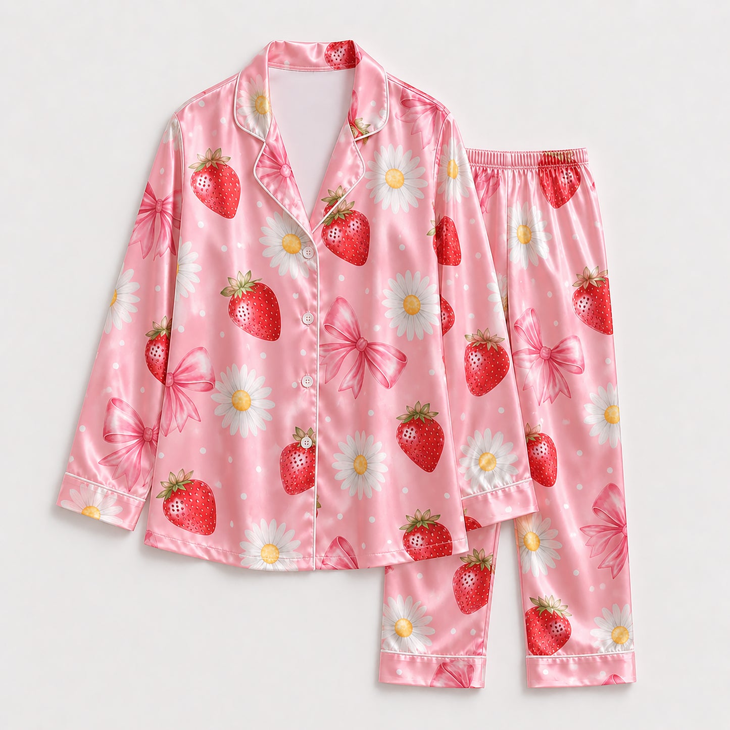 PJ-244-Pink Strawberry Daisy Satin Pajama Set With Bow Print Button Up Shirt And Matching Bottom FREE SHIPPING