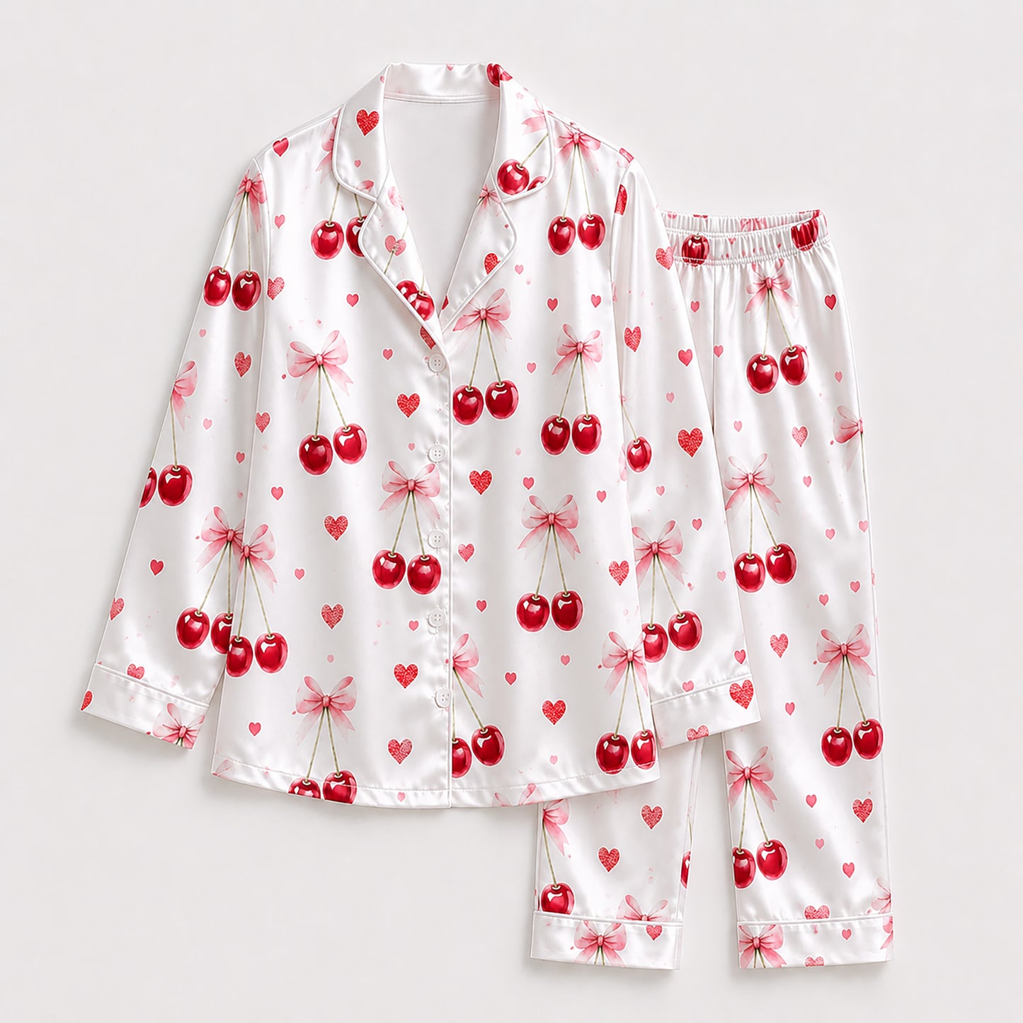 PJ-245-Sweet Cherry Heart Satin Pajama Set With Button Up Shirt And Matching Sleepwear Bottoms FREE SHIPPING