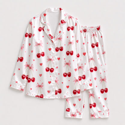 PJ-245-Sweet Cherry Heart Satin Pajama Set With Button Up Shirt And Matching Sleepwear Bottoms FREE SHIPPING