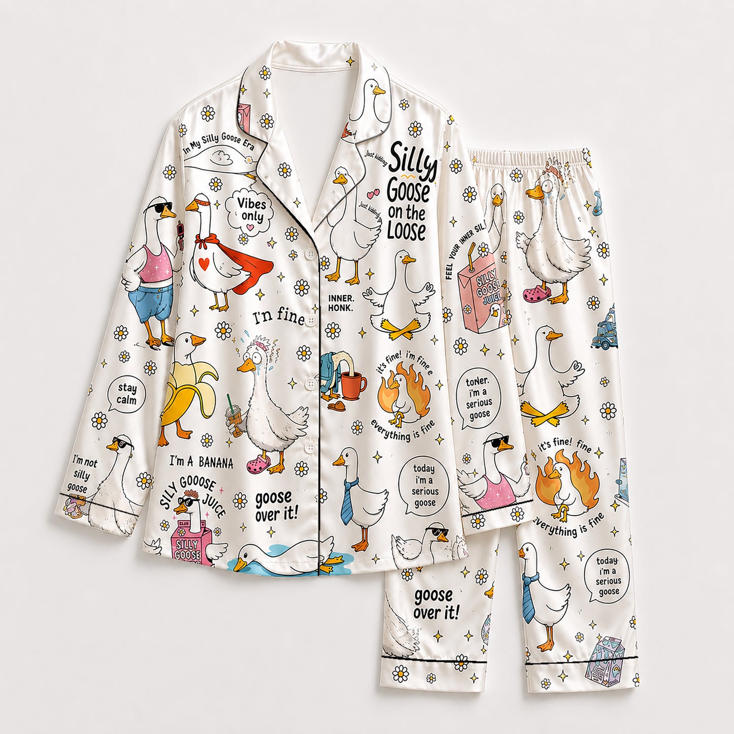 PJ-246-Funny Goose Satin Pajama Set With Button Up Shirt And Elastic Waist Matching Bottoms FREE SHIPPING