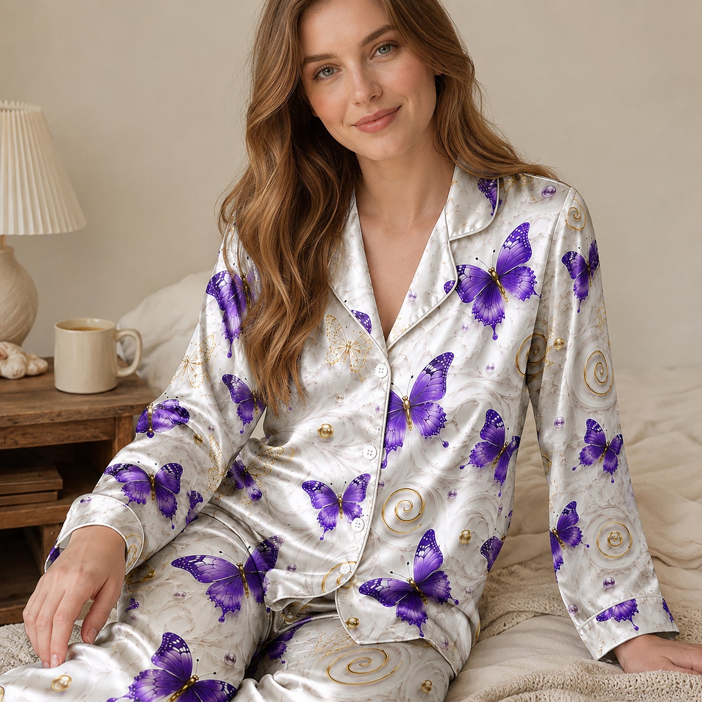 PJ-247-Purple Butterfly Satin Pajama Set, Marble Swirl Graphic Print Loungewear Nightwear Collection FREE SHIPPING
