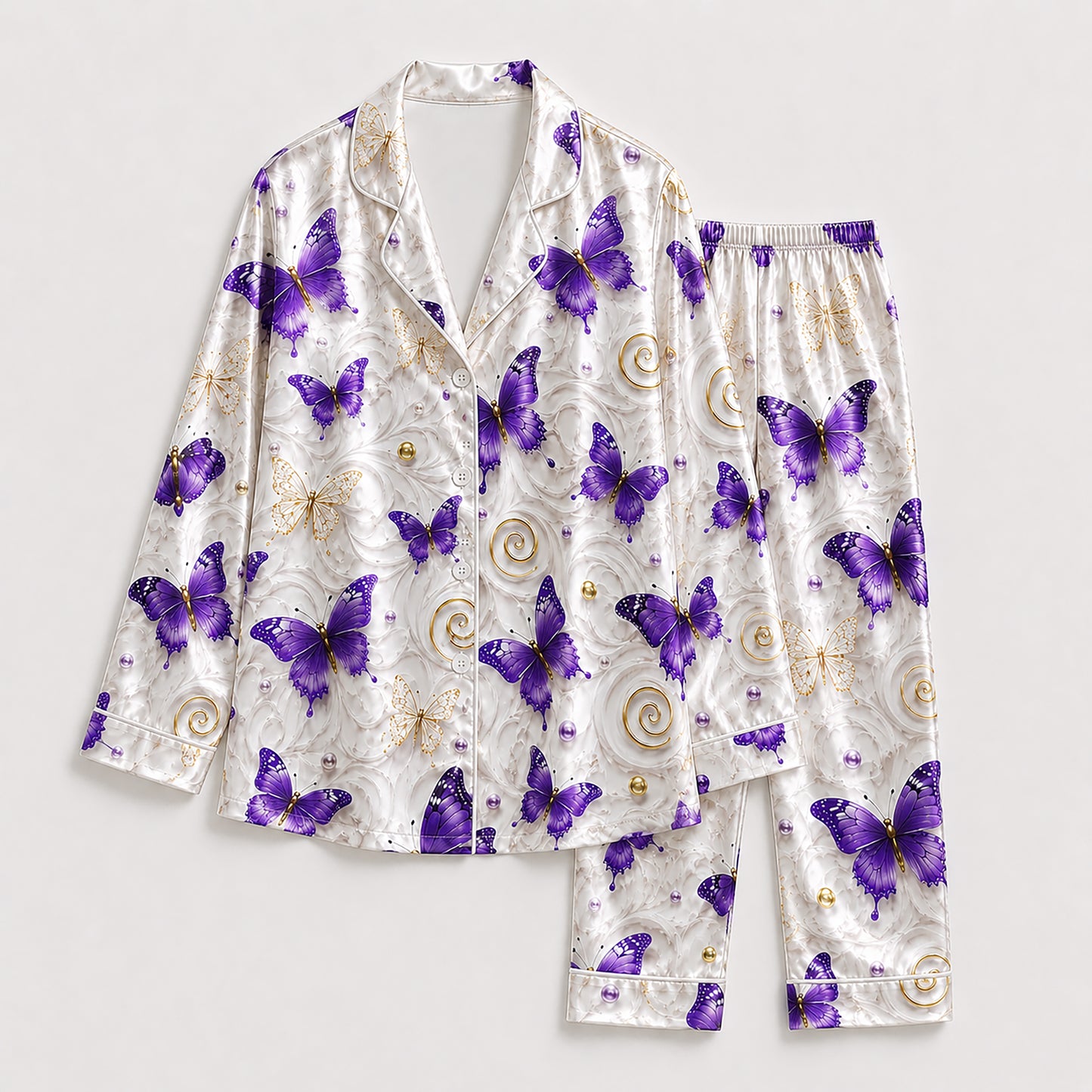 PJ-247-Purple Butterfly Satin Pajama Set, Marble Swirl Graphic Print Loungewear Nightwear Collection FREE SHIPPING