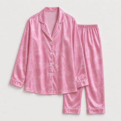 PJ-248-Pink Abstract Face Line Art Satin Pajama Set, Minimalist Loungewear Sleepwear Short Sleeve Outfit FREE SHIPPING