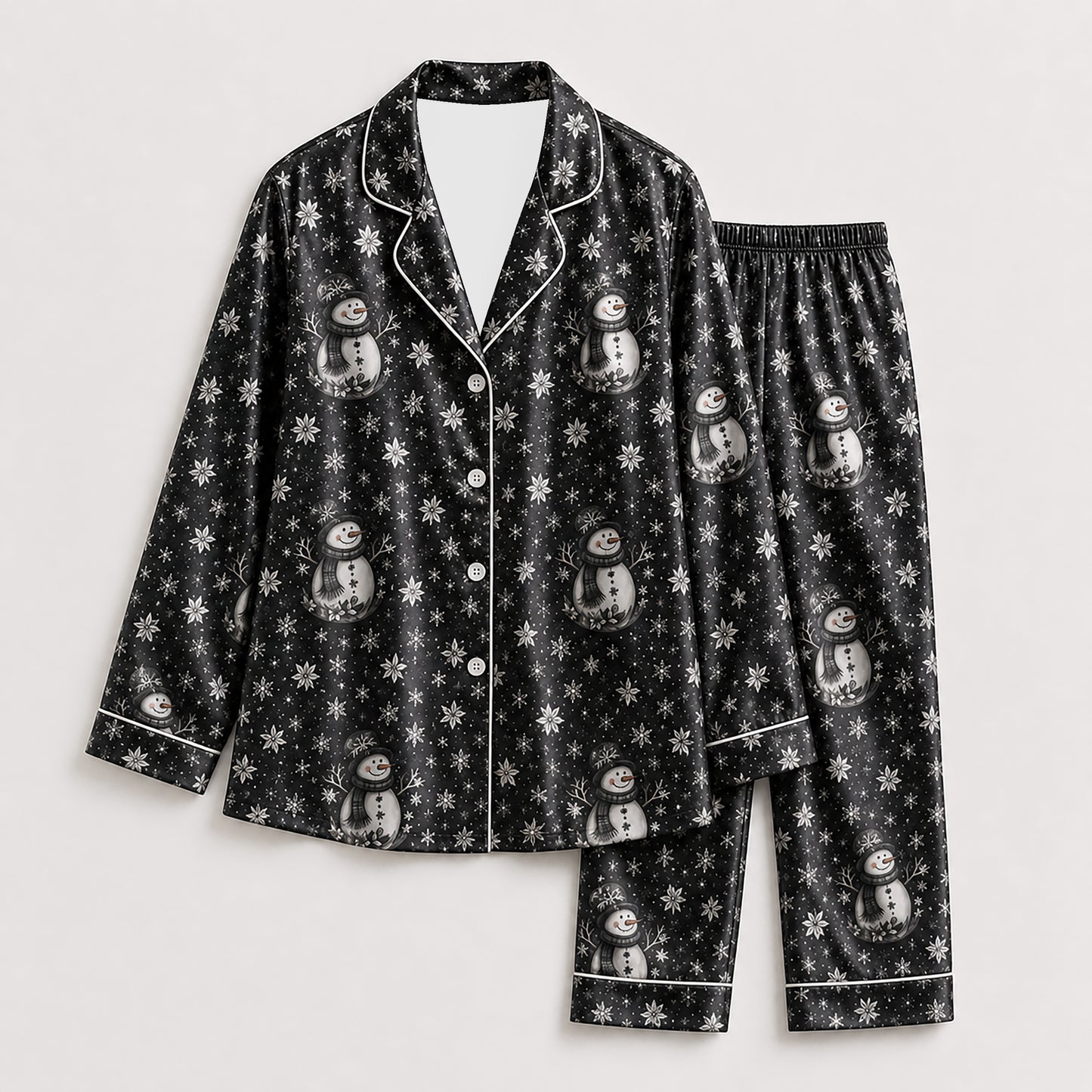 PJ-249-Black Snowman Snowflake Satin Pajama Set, Winter Holiday Graphic Loungewear Sleepwear Collection Outfit FREE SHIPPING