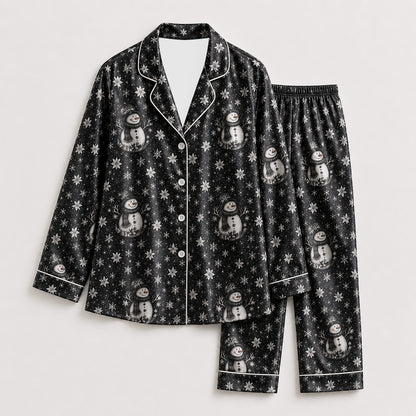 PJ-249-Black Snowman Snowflake Satin Pajama Set, Winter Holiday Graphic Loungewear Sleepwear Collection Outfit FREE SHIPPING