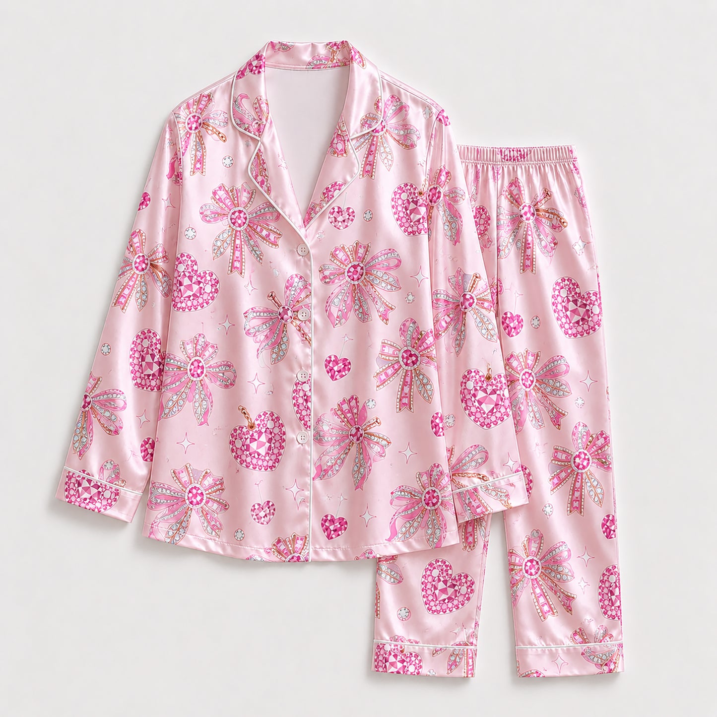 PJ-250-Pink Jeweled Heart Satin Pajama Set, Coquette Ribbon Bow Graphic Loungewear Sleepwear Collection Outfit FREE SHIPPING