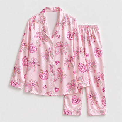 PJ-250-Pink Jeweled Heart Satin Pajama Set, Coquette Ribbon Bow Graphic Loungewear Sleepwear Collection Outfit FREE SHIPPING