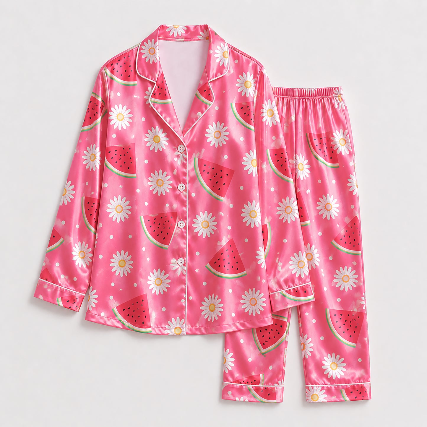 PJ-252-Repeating Melon Printed Satin Pajama Set, Whimsical Rose Pastel Unisex Sleepwear Lounge Coordinates Suit FREE SHIPPING