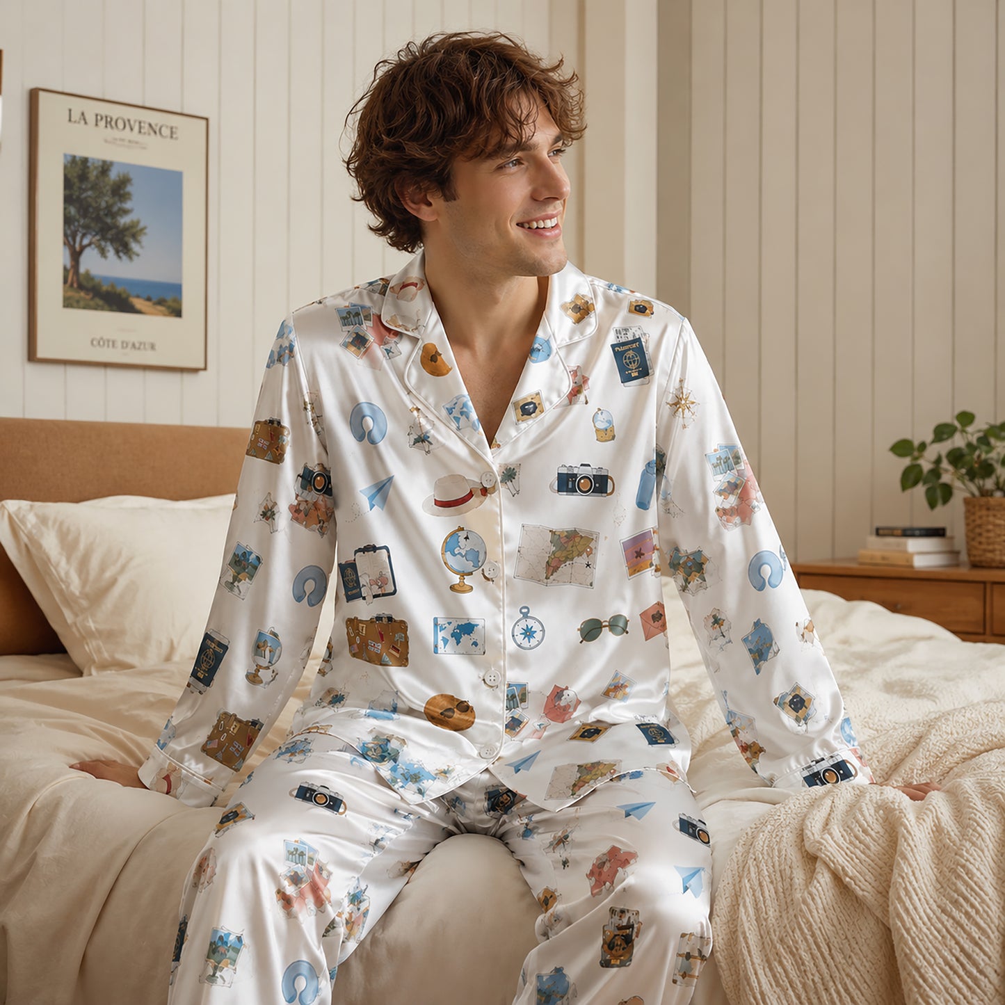 PJ-253-White Travel Suitcase Satin Pajama Set, Passport Camera Graphic Loungewear Sleepwear Collection Outfit FREE SHIPPING