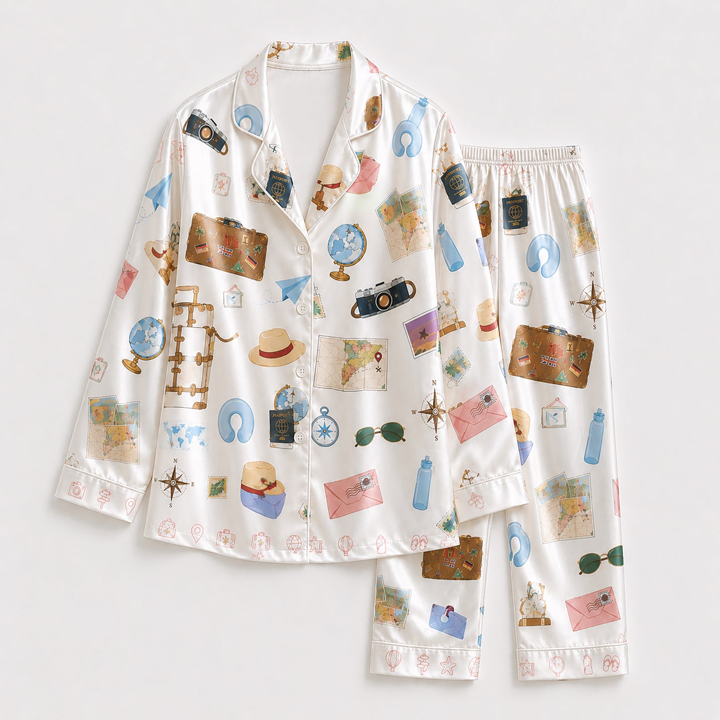 PJ-253-White Travel Suitcase Satin Pajama Set, Passport Camera Graphic Loungewear Sleepwear Collection Outfit FREE SHIPPING