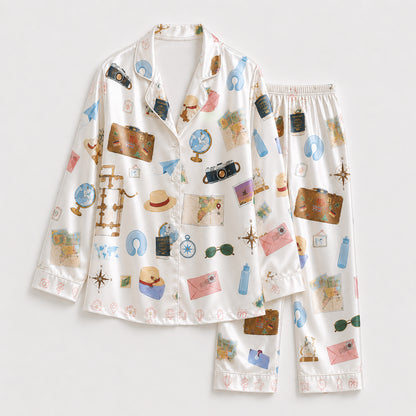 PJ-253-White Travel Suitcase Satin Pajama Set, Passport Camera Graphic Loungewear Sleepwear Collection Outfit FREE SHIPPING