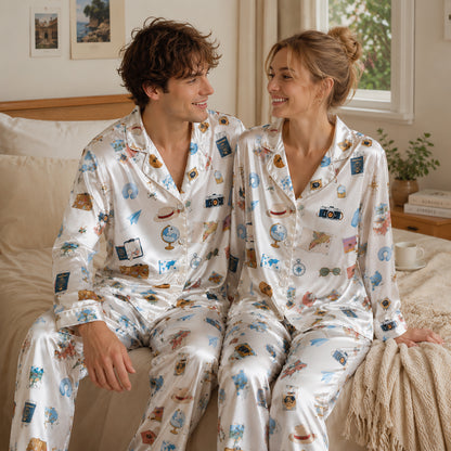 PJ-253-White Travel Suitcase Satin Pajama Set, Passport Camera Graphic Loungewear Sleepwear Collection Outfit FREE SHIPPING