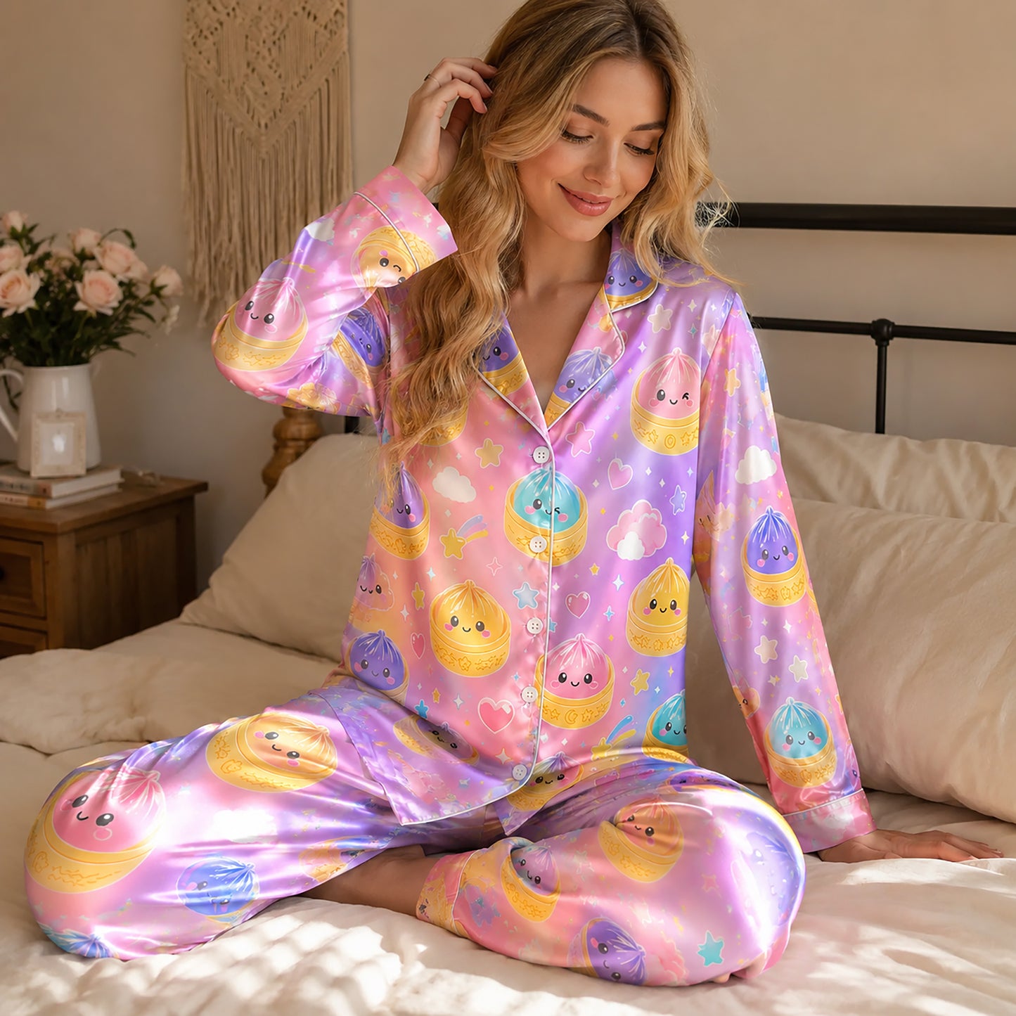 PJ-254-Cartoon Dumpling Satin Pajama Set, Kawaii Star Heart Graphic Pattern Nightshirt Pjs Sleepwear Lounge FREE SHIPPING