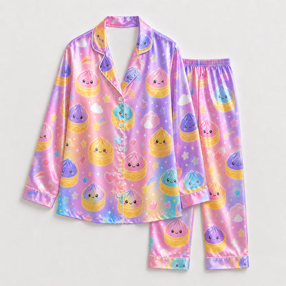 PJ-254-Cartoon Dumpling Satin Pajama Set, Kawaii Star Heart Graphic Pattern Nightshirt Pjs Sleepwear Lounge FREE SHIPPING