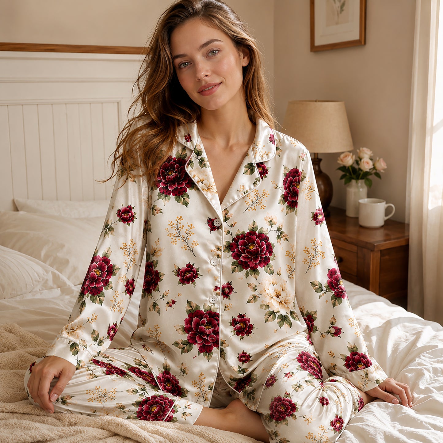 PJ-255-Floral Pure Satin Pajama Set, White Rose Peony Print Botanical Loungewear Sleepwear Collection FREE SHIPPING
