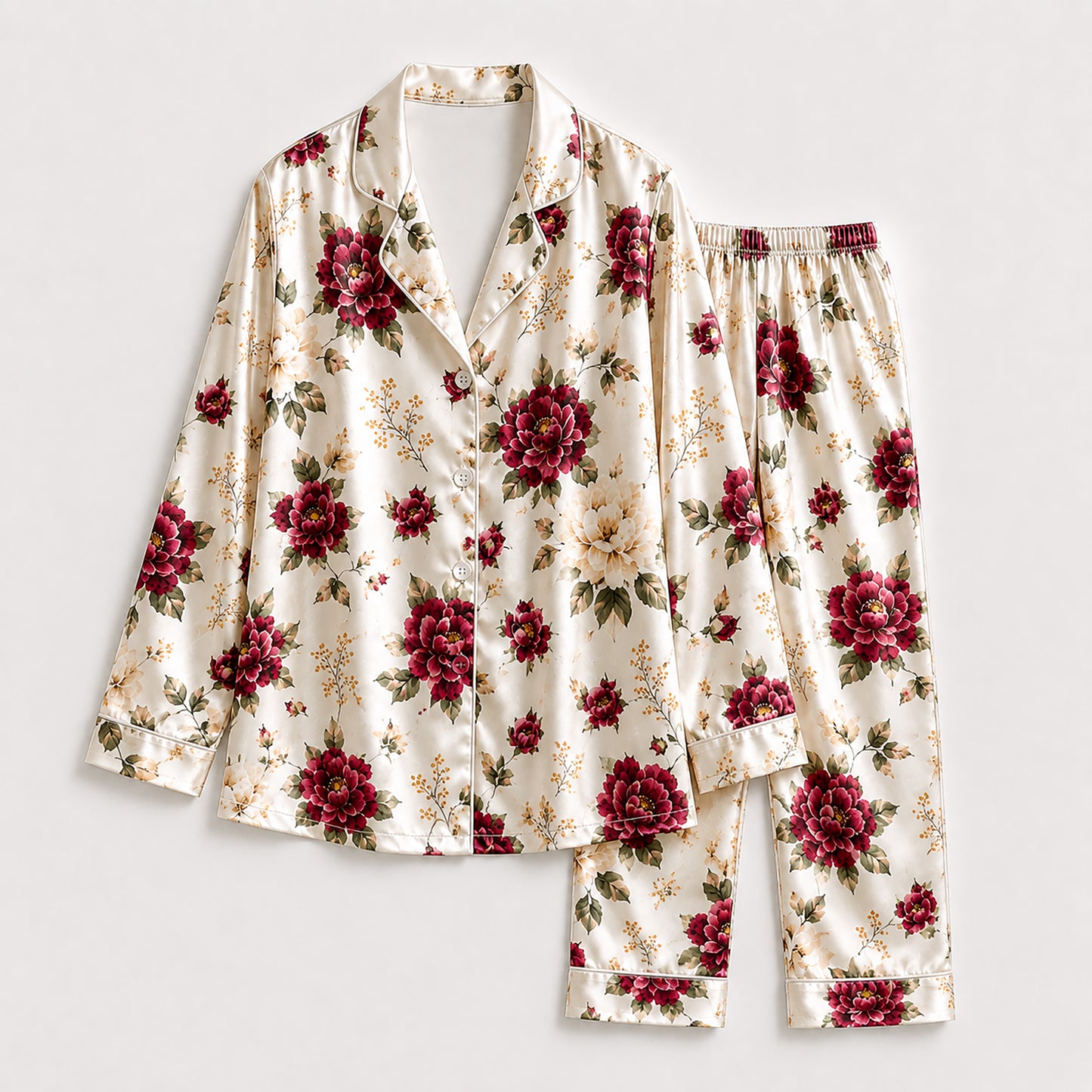 PJ-255-Floral Pure Satin Pajama Set, White Rose Peony Print Botanical Loungewear Sleepwear Collection FREE SHIPPING