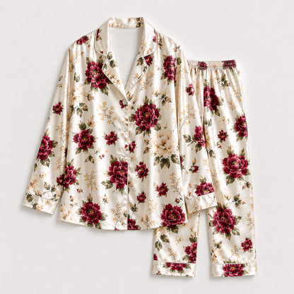 PJ-255-Floral Pure Satin Pajama Set, White Rose Peony Print Botanical Loungewear Sleepwear Collection FREE SHIPPING