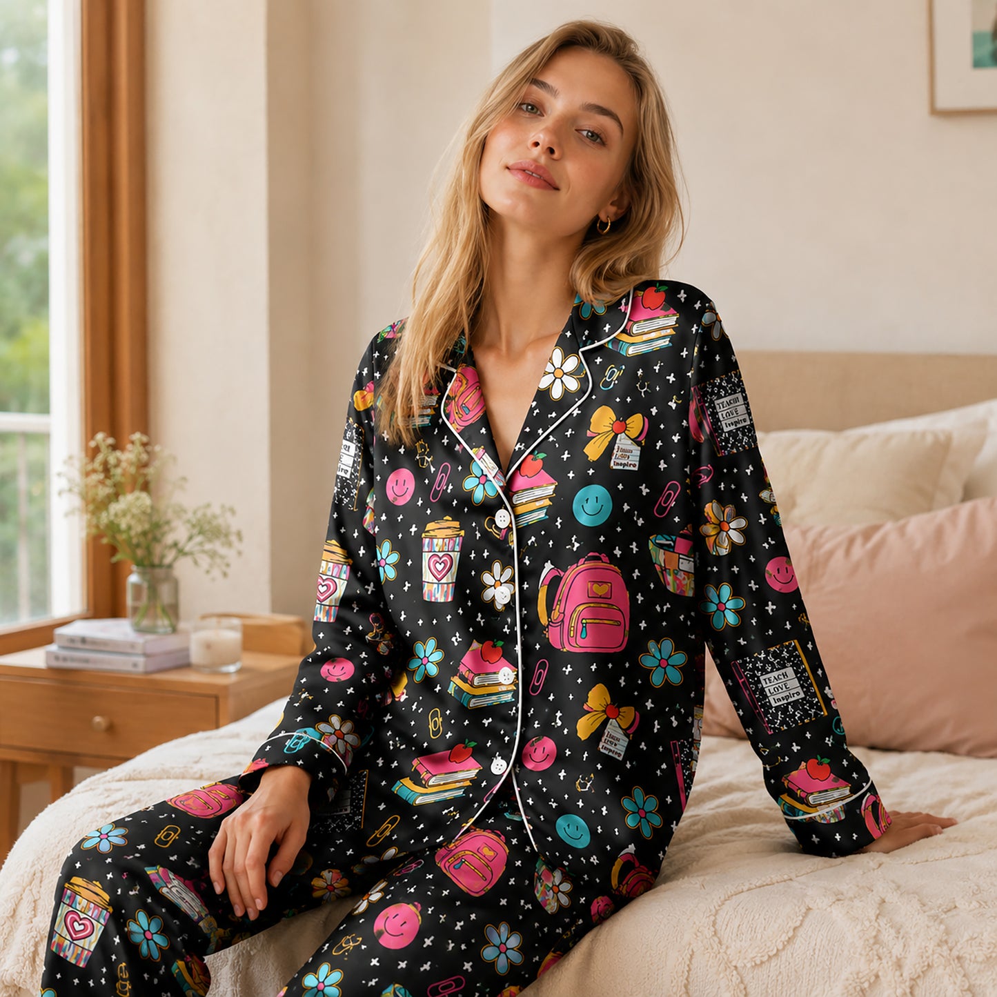 PJ-256-Back To School Printed Satin Pajama Set, Whimsical Notebook Smiley Unisex Sleepwear Lounge Coordinates FREE SHIPPING