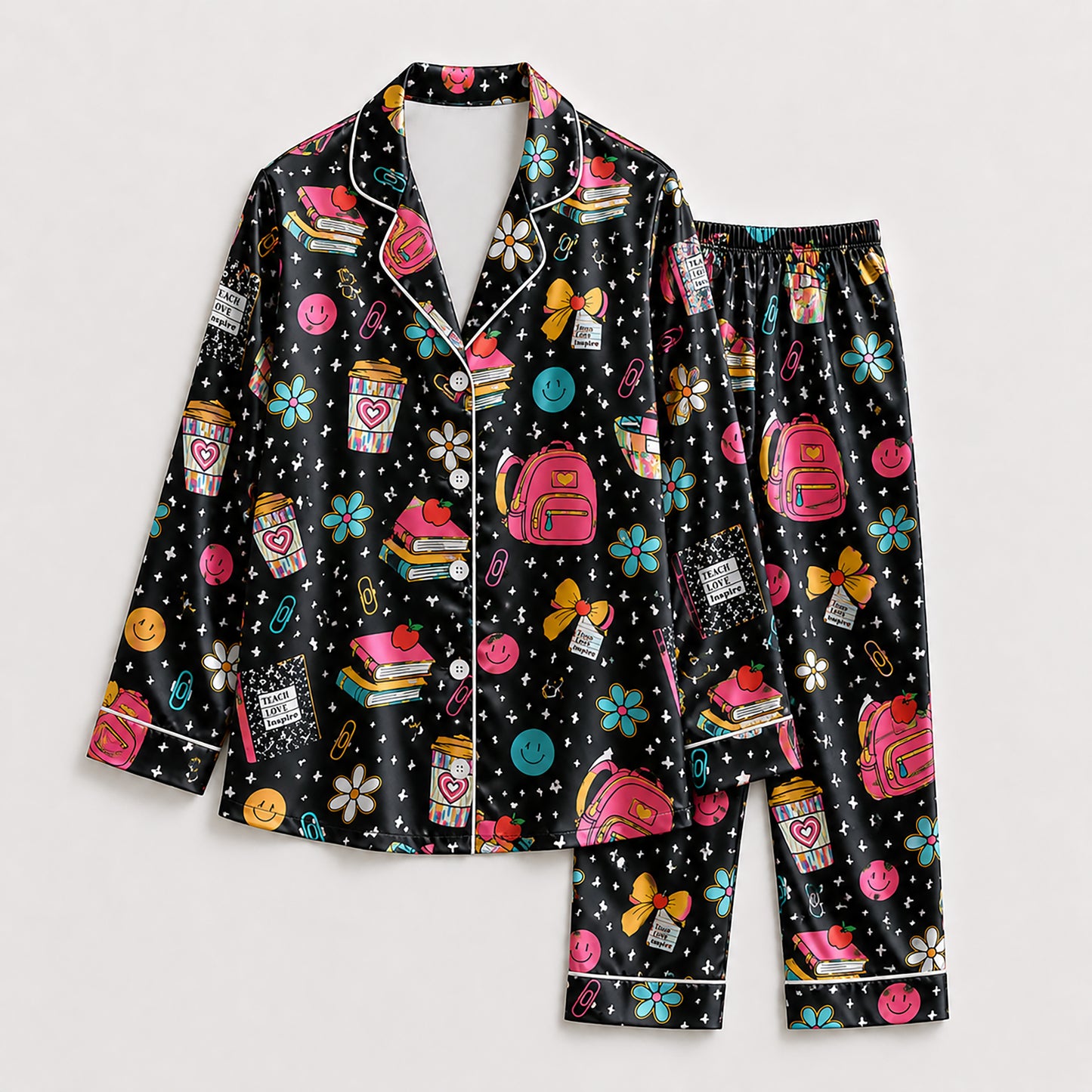 PJ-256-Back To School Printed Satin Pajama Set, Whimsical Notebook Smiley Unisex Sleepwear Lounge Coordinates FREE SHIPPING