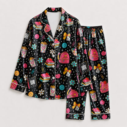 PJ-256-Back To School Printed Satin Pajama Set, Whimsical Notebook Smiley Unisex Sleepwear Lounge Coordinates FREE SHIPPING
