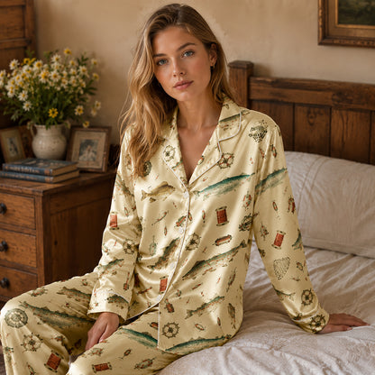 PJ-257-Fishing Theme Satin Sleepwear Set With Button Up Top And Elastic Waist Matching Bottoms FREE SHIPPING