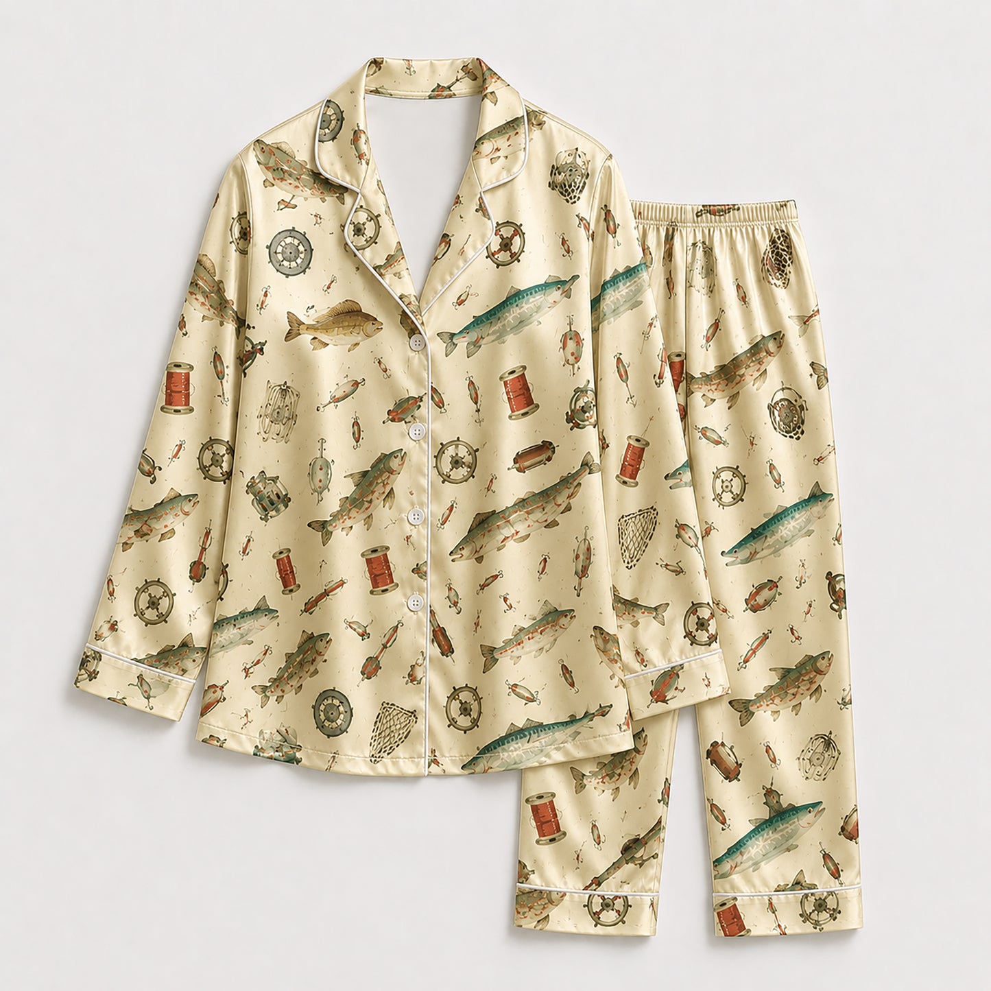 PJ-257-Fishing Theme Satin Sleepwear Set With Button Up Top And Elastic Waist Matching Bottoms FREE SHIPPING