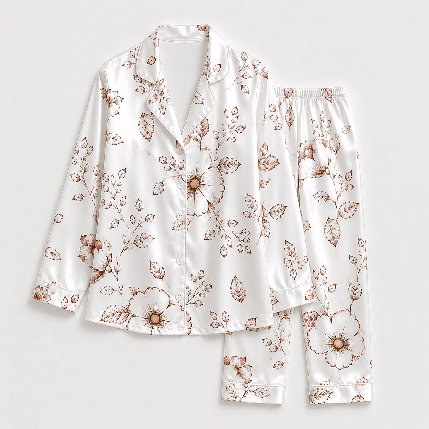 PJ-258-Patterned Outline Pure Satin Pajama Set, Cream Leaf Print Button Front Sleepwear Loungewear Ensemble FREE SHIPPING