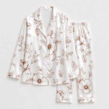 PJ-258-Patterned Outline Pure Satin Pajama Set, Cream Leaf Print Button Front Sleepwear Loungewear Ensemble FREE SHIPPING