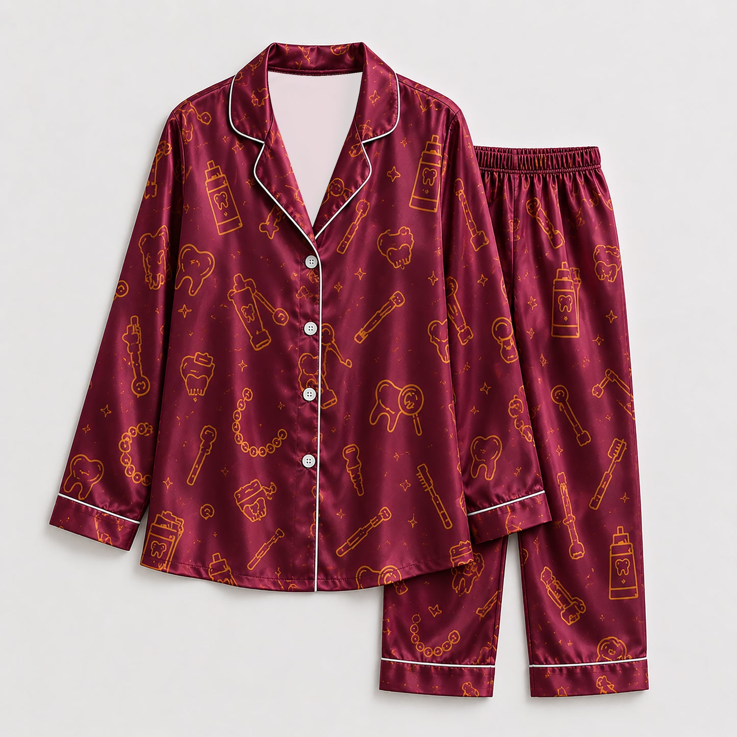 PJ-259-Burgundy Dental Hygiene Satin Pajama Set, Maroon Graphic Tooth Loungewear Sleepwear Collection Nightwear FREE SHIPPING