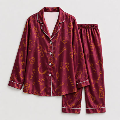 PJ-259-Burgundy Dental Hygiene Satin Pajama Set, Maroon Graphic Tooth Loungewear Sleepwear Collection Nightwear FREE SHIPPING