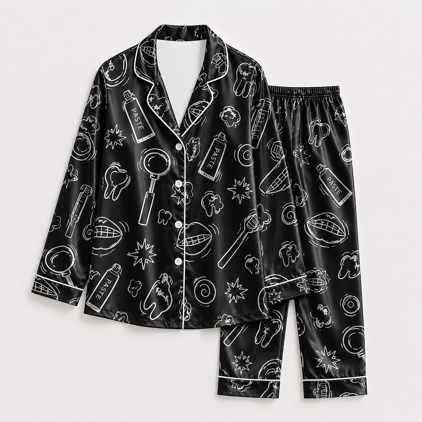 PJ-260-Black Dental Hygiene Satin Pajama Set, Obsidian Graphic Tooth Loungewear Sleepwear Collection Nightwear FREE SHIPPING