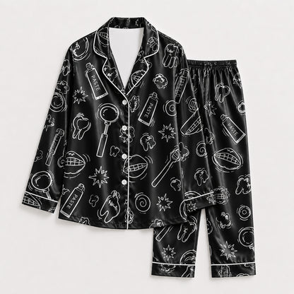 PJ-260-Black Dental Hygiene Satin Pajama Set, Obsidian Graphic Tooth Loungewear Sleepwear Collection Nightwear FREE SHIPPING