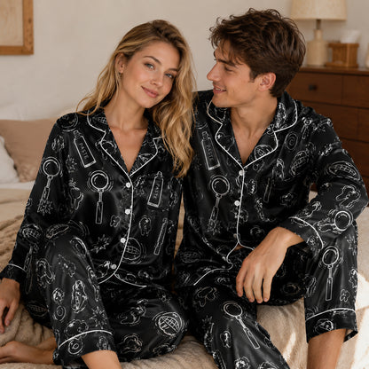 PJ-260-Black Dental Hygiene Satin Pajama Set, Obsidian Graphic Tooth Loungewear Sleepwear Collection Nightwear FREE SHIPPING