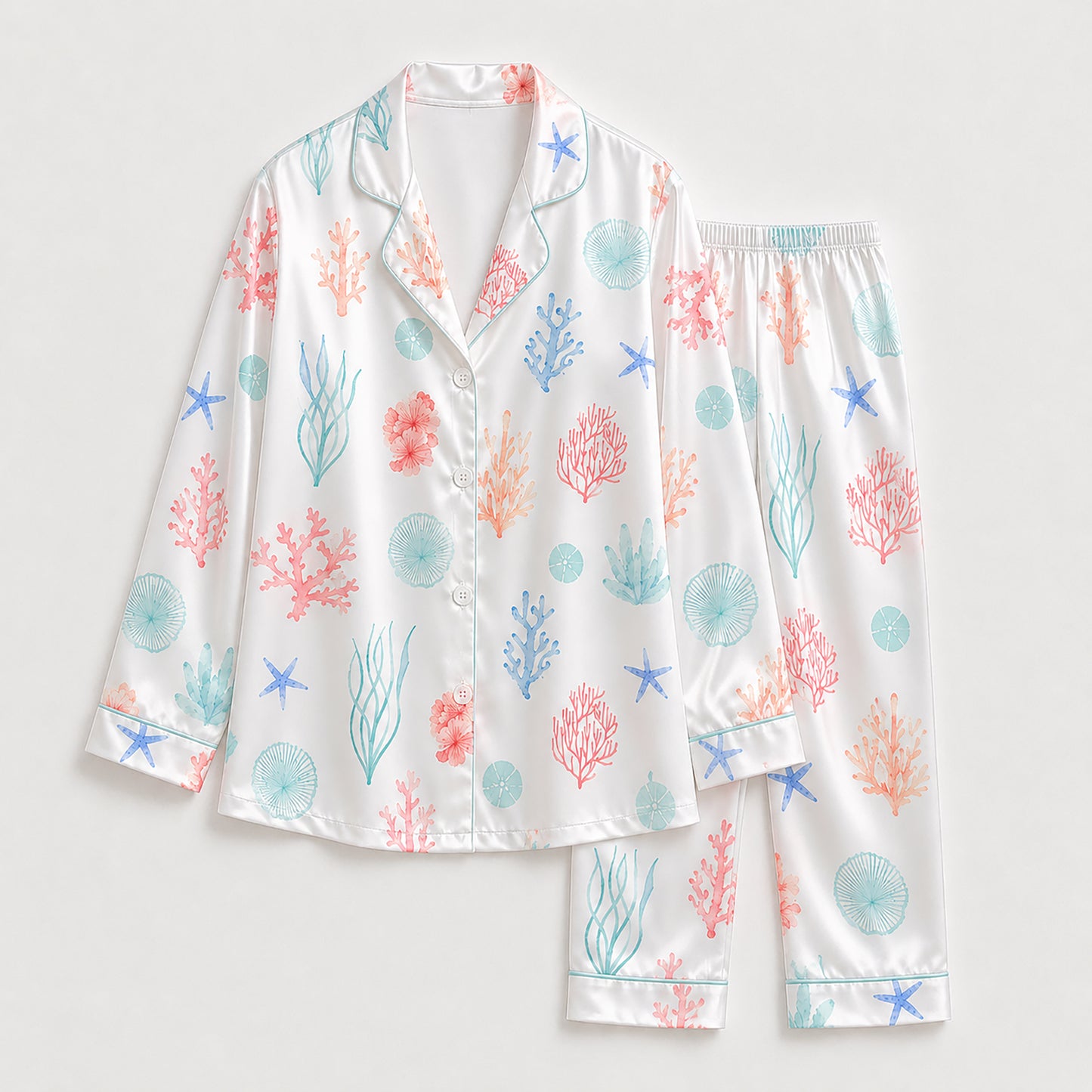 PJ-262-Coral Reef Premium Satin Pajama Set, White Ocean Undersea Print Nautical Loungewear Sleepwear Collection FREE SHIPPING