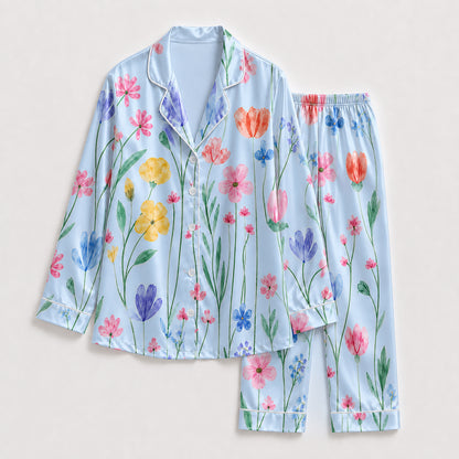 PJ-265-Satin Colorful Watercolor Floral White Piping Button Up Pajama Set FREE SHIPING