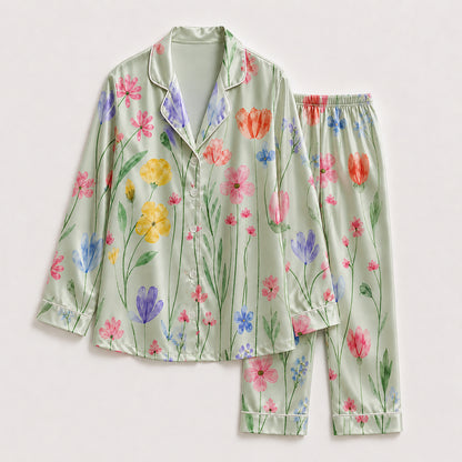 PJ-265-Satin Colorful Watercolor Floral White Piping Button Up Pajama Set FREE SHIPING