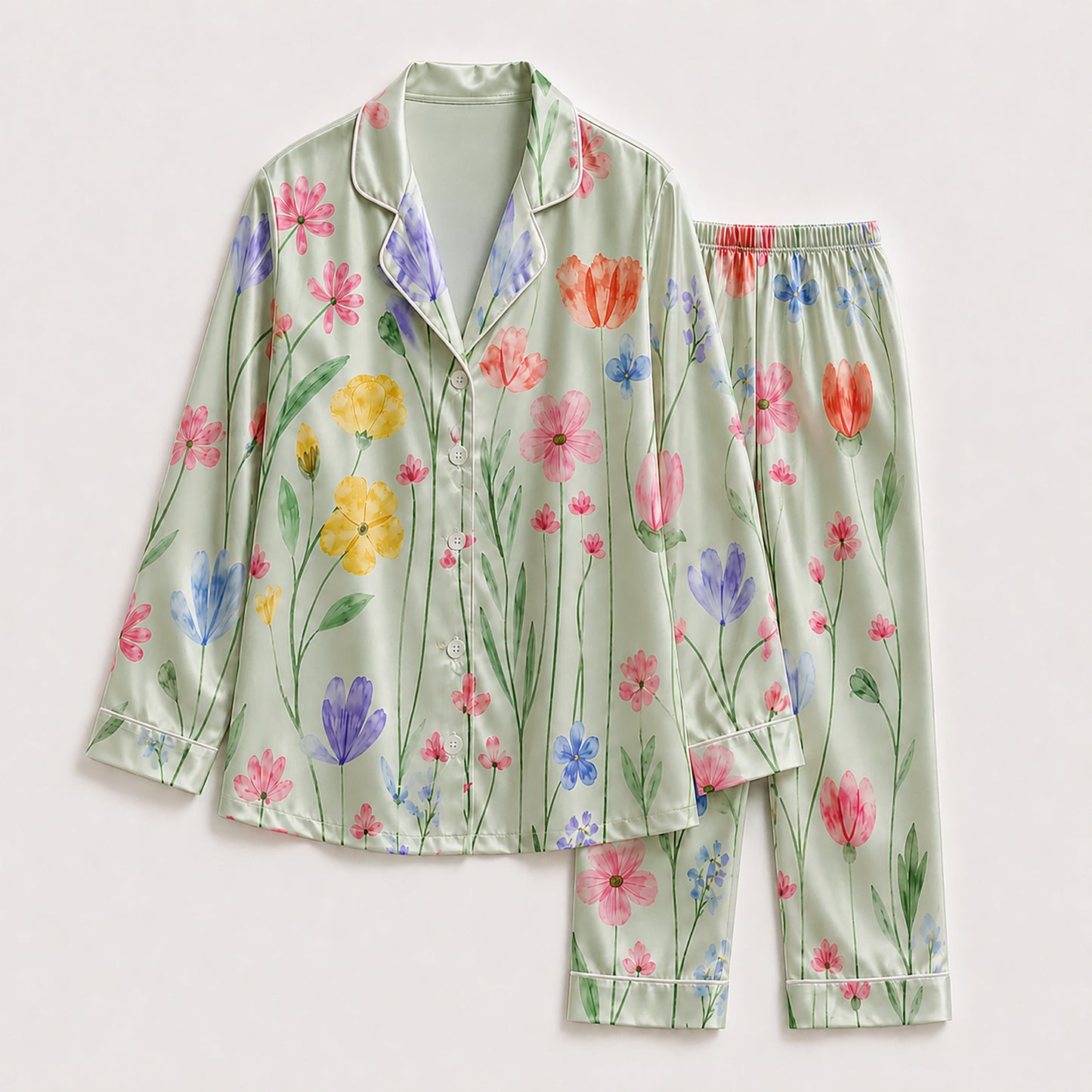 PJ-265-Satin Colorful Watercolor Floral White Piping Button Up Pajama Set FREE SHIPING