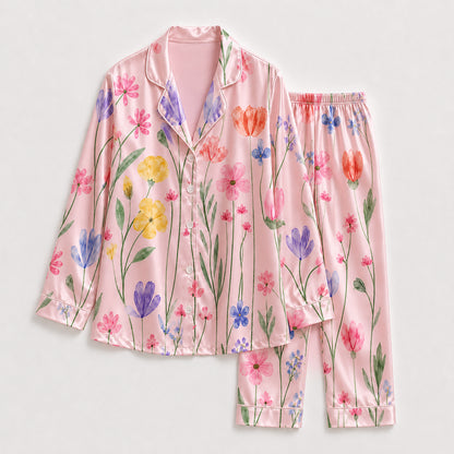 PJ-265-Satin Colorful Watercolor Floral White Piping Button Up Pajama Set FREE SHIPING