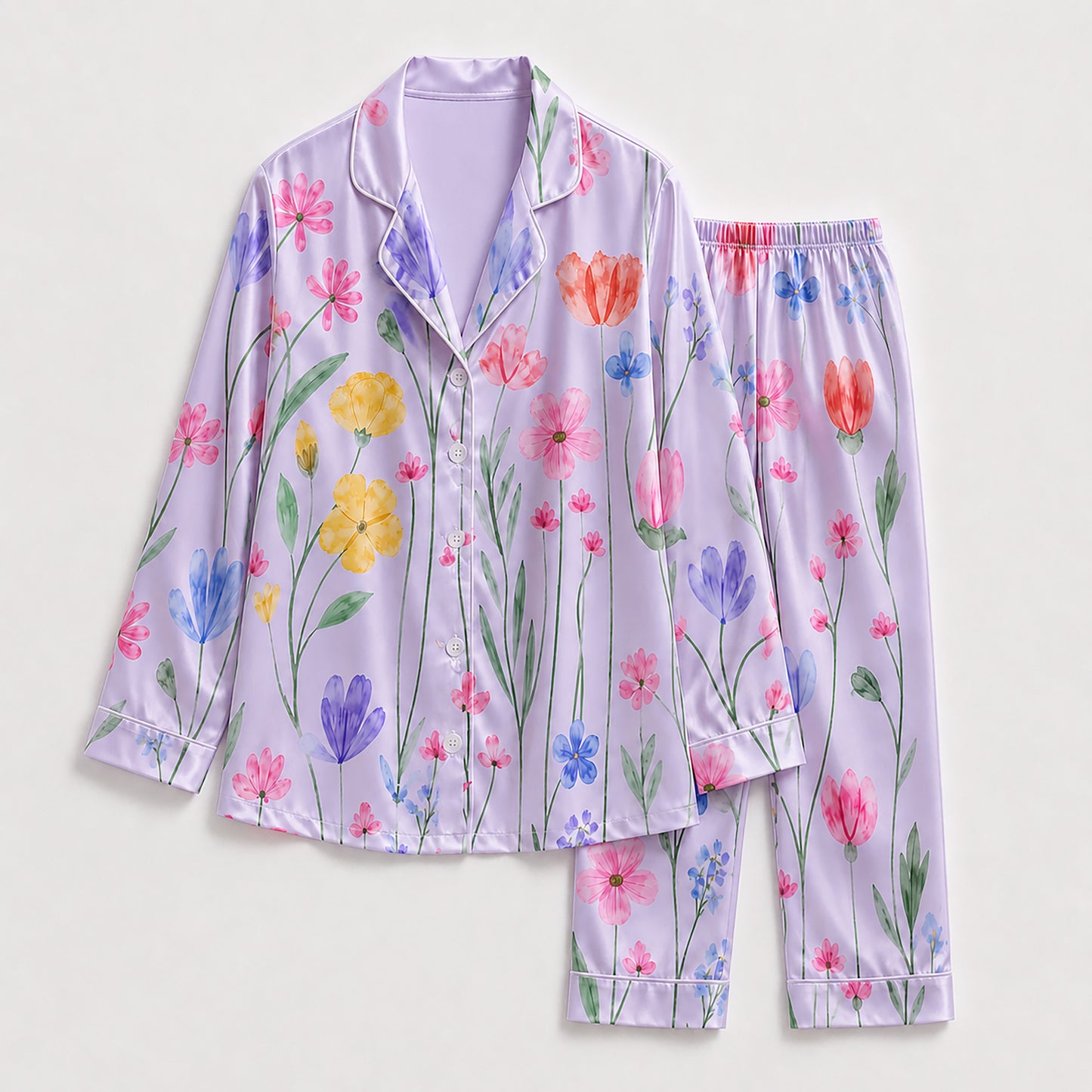 PJ-265-Satin Colorful Watercolor Floral White Piping Button Up Pajama Set FREE SHIPING