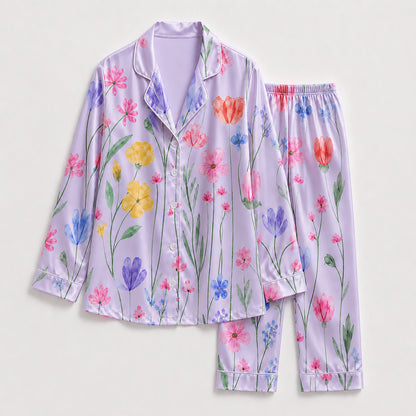 PJ-265-Satin Colorful Watercolor Floral White Piping Button Up Pajama Set FREE SHIPING