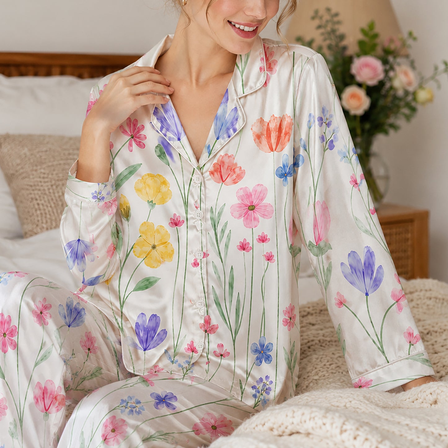 PJ-265-Satin Colorful Watercolor Floral White Piping Button Up Pajama Set FREE SHIPING