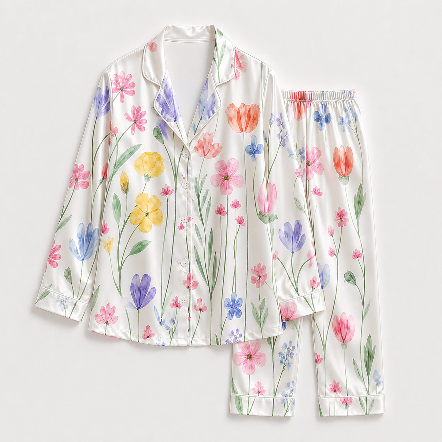PJ-265-Satin Colorful Watercolor Floral White Piping Button Up Pajama Set FREE SHIPING