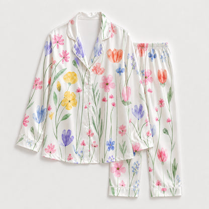 PJ-265-Satin Colorful Watercolor Floral White Piping Button Up Pajama Set FREE SHIPING
